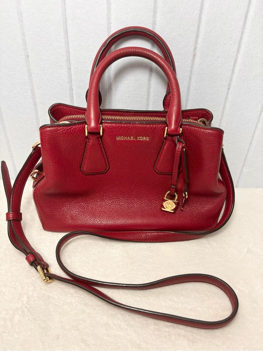 Michael Kors Leather Camille Satchel Cherry Red  with gold‎ hardware